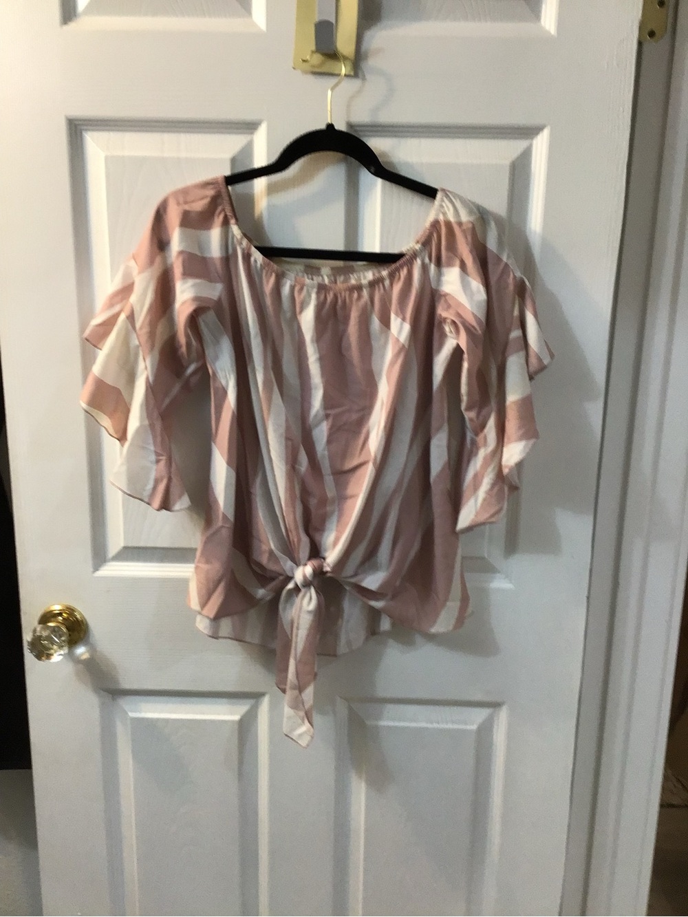 Striped Pink Tie-Front Flutter Sleeve Blouse